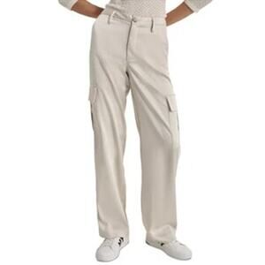 DKNY Jeans Women's Stretch Satin Cargo Wide Leg Pants in Light Khaki Tan
